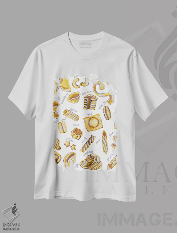 تیشرت سفید طرح دار پاستا روی زمینه سفید، دکور معاصر اثر لورِل گرینفیلد | immage.ir
