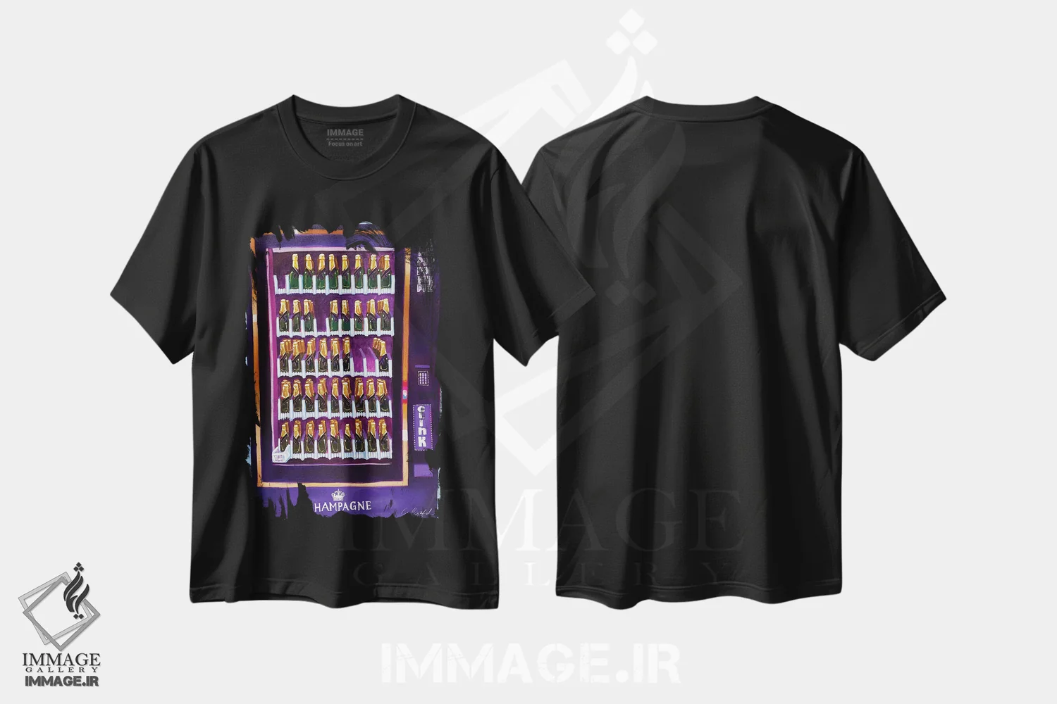 تیشرت مشکی طرح دار دستگاه فروش خودکار شامپاین، دکور معاصر اثر لورِل گرینفیلد | فروشگاه ایماژ