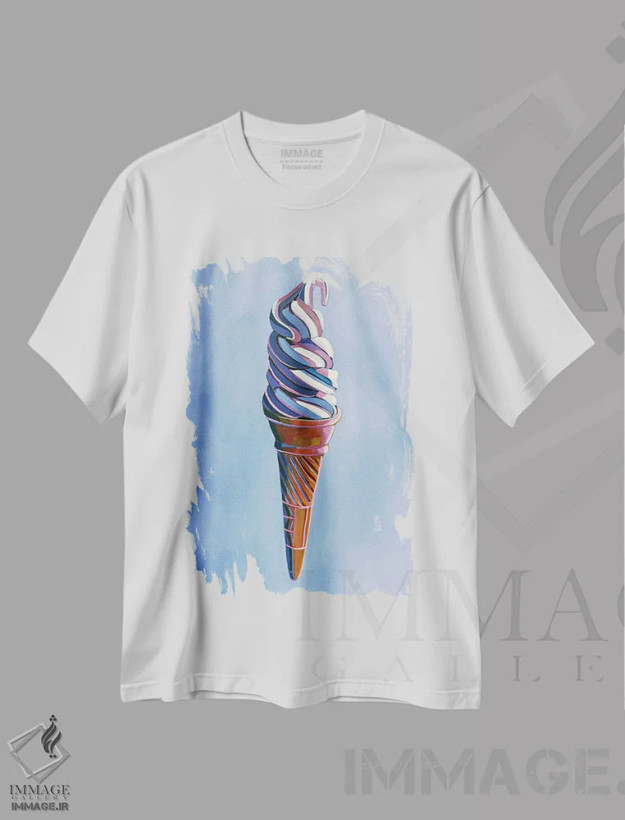 تیشرت سفید طرح دار بستنی وانیلی روی زمینه آبی پری وینکل، دکور معاصر اثر لورِل گرینفیلد | فروشگاه ایماژ