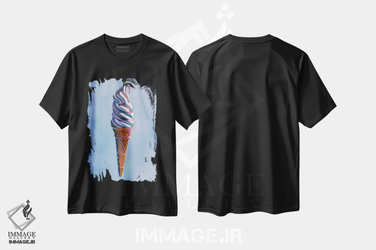 تیشرت مشکی طرح دار بستنی وانیلی روی زمینه آبی پری وینکل، دکور معاصر اثر لورِل گرینفیلد | immage.ir