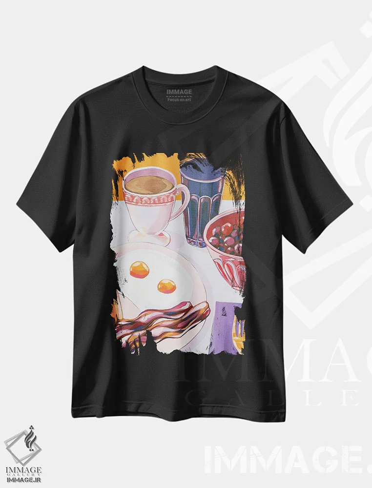 تیشرت مشکی طرح دار تخم مرغ و بیکن، تزئینی اثر لورِل گرینفیلد | فروشگاه ایماژ
