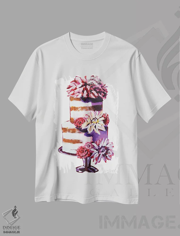تیشرت سفید طرح دار کیک گل های بینکسی، مدیوم اثر لورِل گرینفیلد | فروشگاه ایماژ