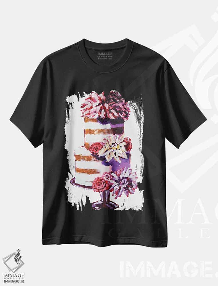 تیشرت مشکی طرح دار کیک گل های بینکسی، مدیوم اثر لورِل گرینفیلد | immage.ir