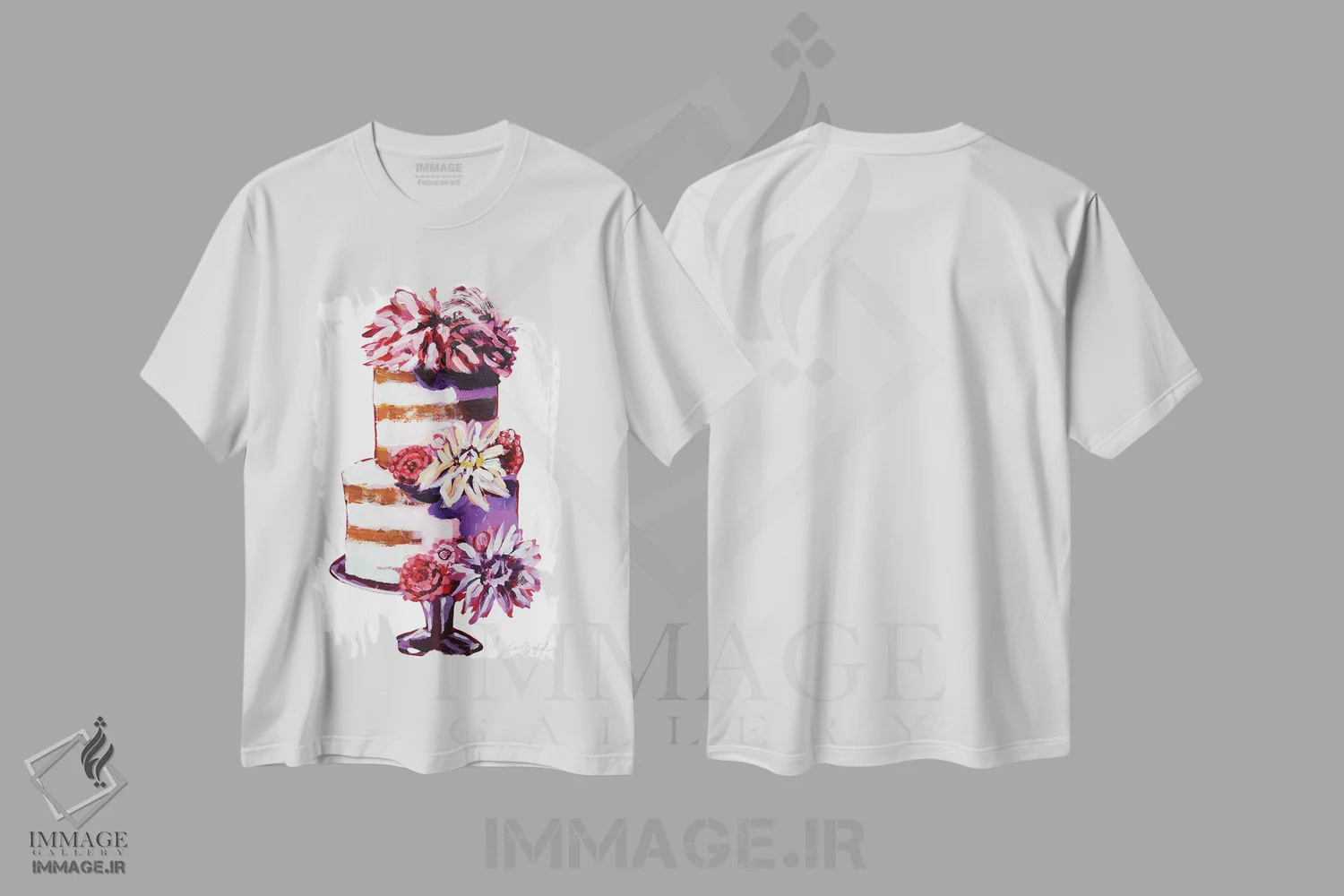 تیشرت سفید طرح دار کیک گل های بینکسی، مدیوم اثر لورِل گرینفیلد | فروشگاه ایماژ
