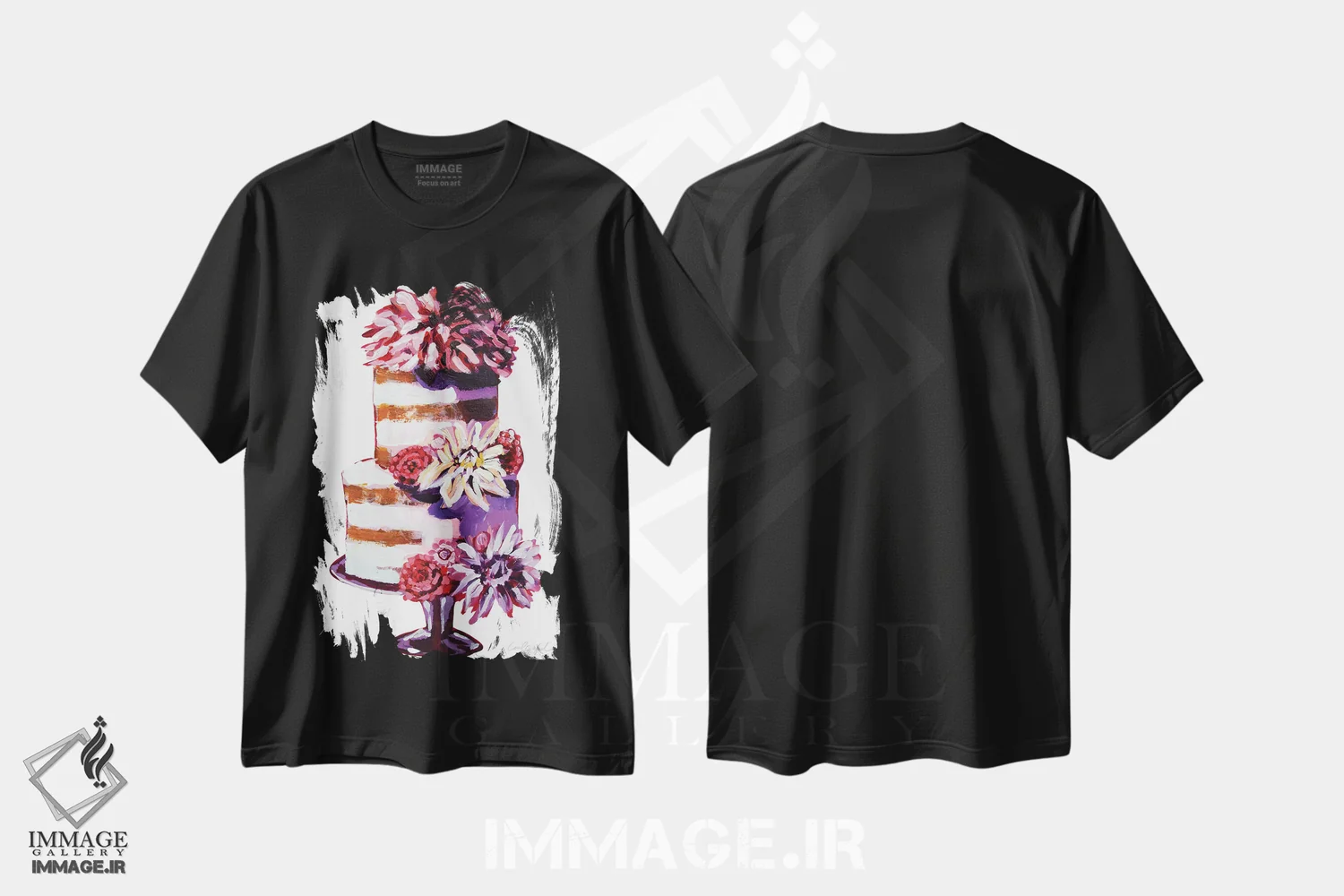تیشرت مشکی طرح دار کیک گل های بینکسی، مدیوم اثر لورِل گرینفیلد | immage.ir
