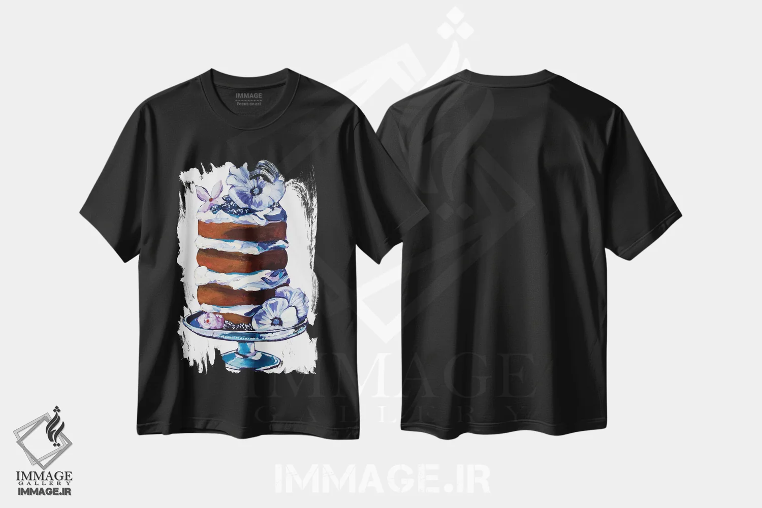 تیشرت مشکی طرح دار کیک تمشک و هیبیسکوس، تزئینی اثر لورِل گرینفیلد | فروشگاه ایماژ