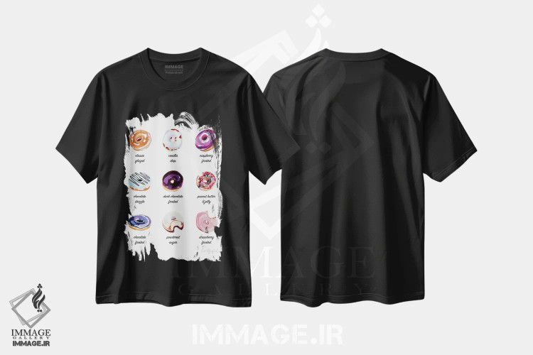 تیشرت مشکی طرح دار پوستر دونات، مدیوم اثر لورِل گرینفیلد | فروشگاه ایماژ