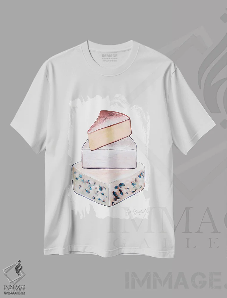 تیشرت سفید طرح دار روی هم چیده شدن پنیرها، تزئینی اثر لورِل گرینفیلد | فروشگاه ایماژ