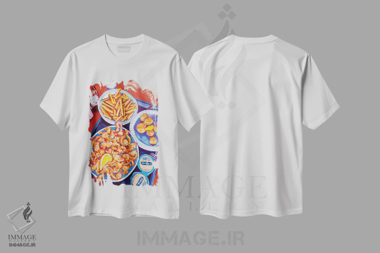 تیشرت سفید طرح دار صدف سرخ شده و سیب زمینی سرخ کرده، تزئینی اثر لورِل گرینفیلد | immage.ir