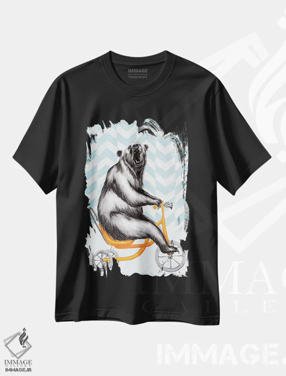 تیشرت مشکی طرح دار خرس روی دوچرخه، تزئینی اثر آملی لگو | فروشگاه ایماژ