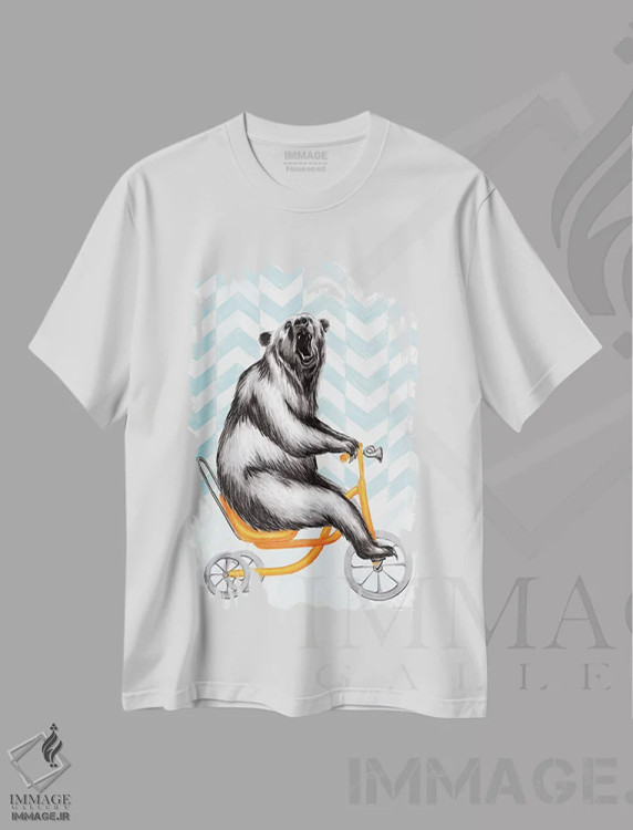 تیشرت سفید طرح دار خرس روی دوچرخه، تزئینی اثر آملی لگو | immage.ir