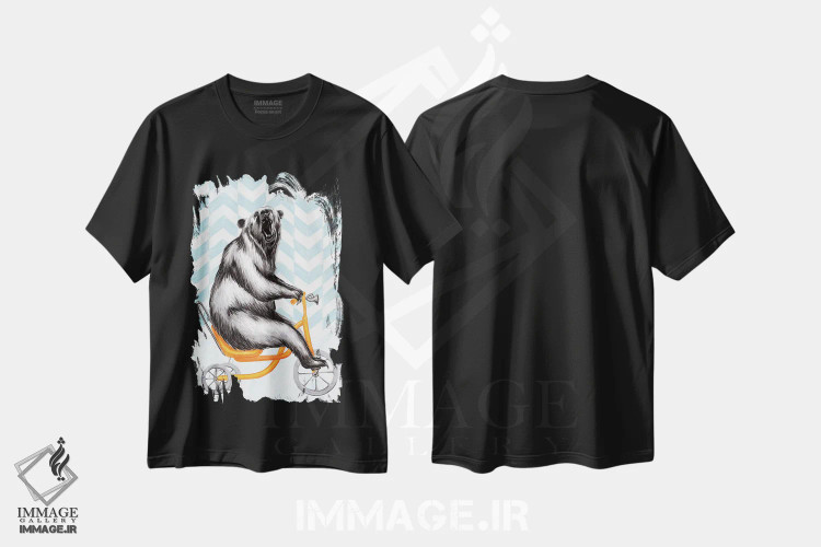 تیشرت مشکی طرح دار خرس روی دوچرخه، تزئینی اثر آملی لگو | فروشگاه ایماژ