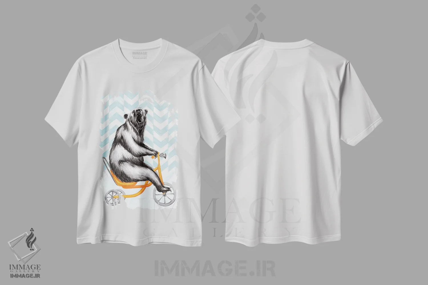 تیشرت سفید طرح دار خرس روی دوچرخه، تزئینی اثر آملی لگو | immage.ir