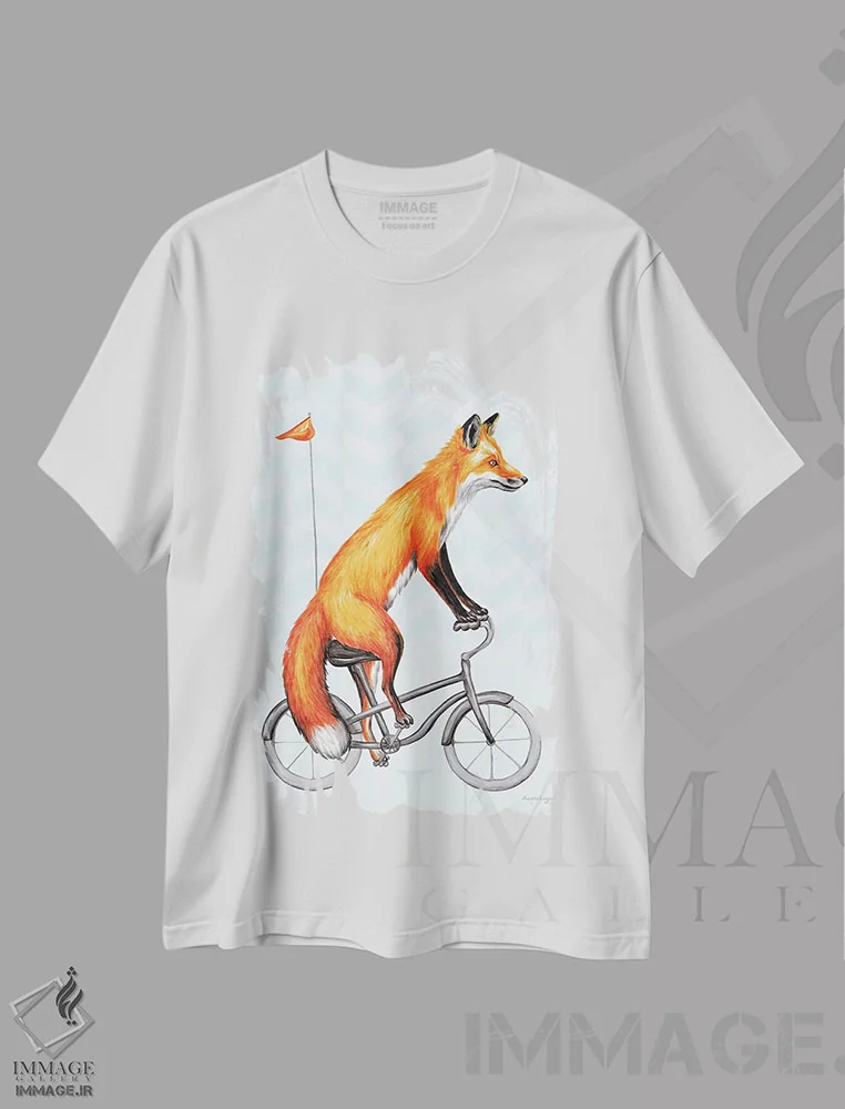 تیشرت سفید طرح دار روباه روی دوچرخه، تزئینی اثر آملی لگو | فروشگاه ایماژ