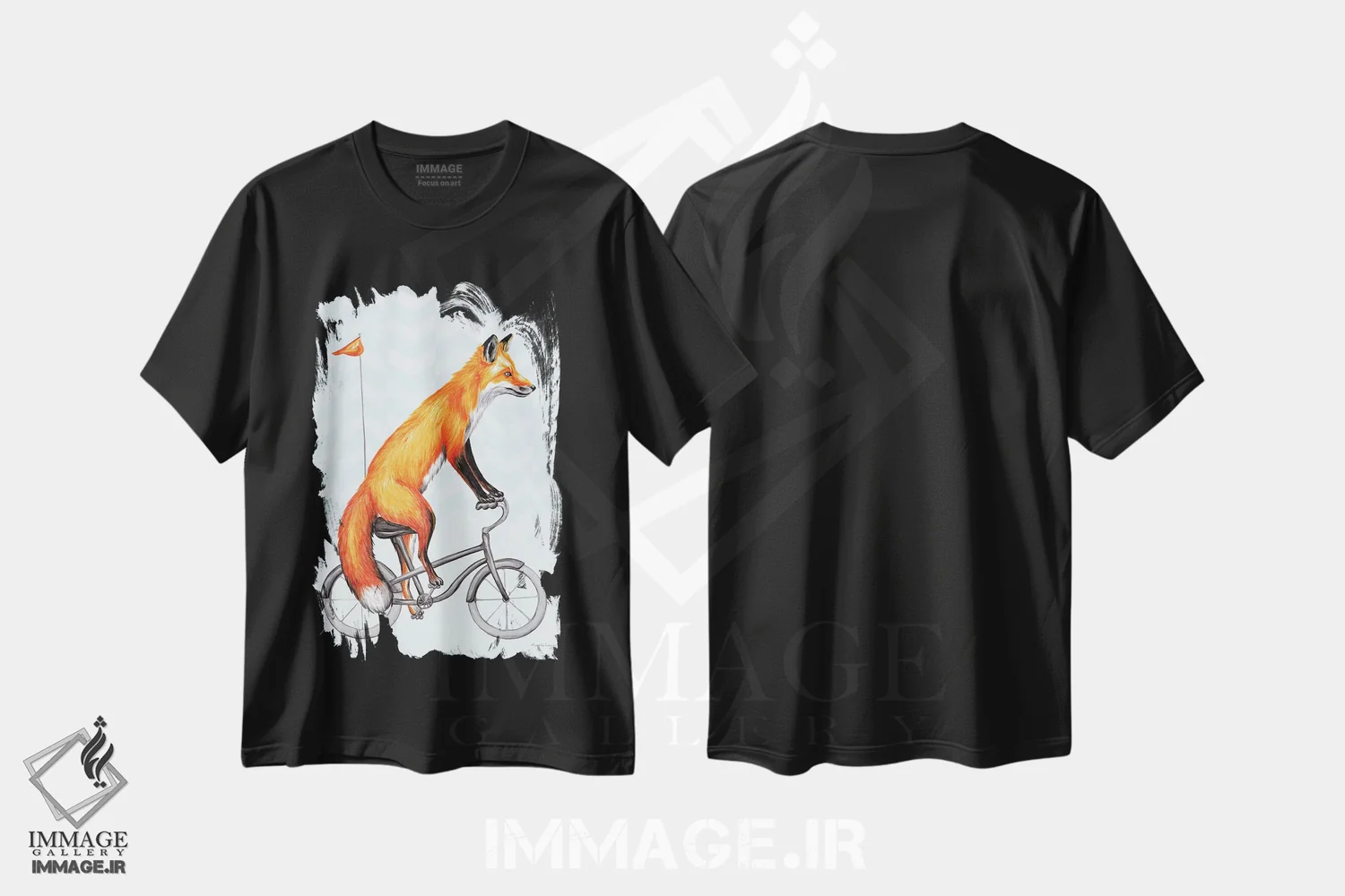 تیشرت مشکی طرح دار روباه روی دوچرخه، تزئینی اثر آملی لگو | immage.ir