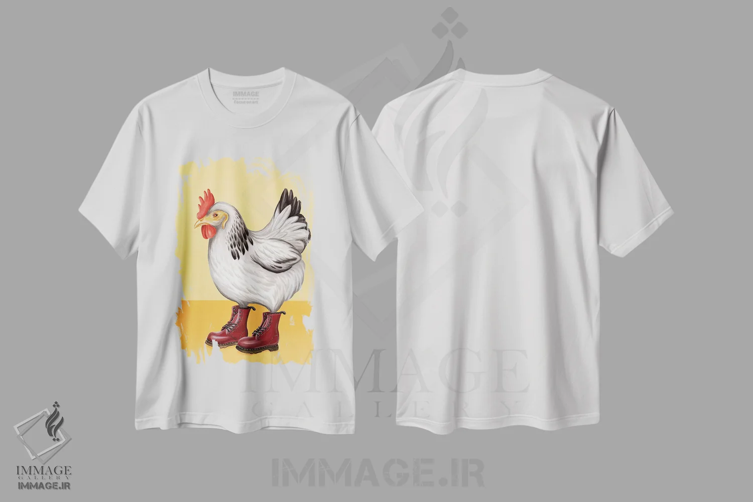 تیشرت سفید طرح دار مرغ با کفش داک مارتنز، تزئینی اثر آملی لگو | فروشگاه ایماژ