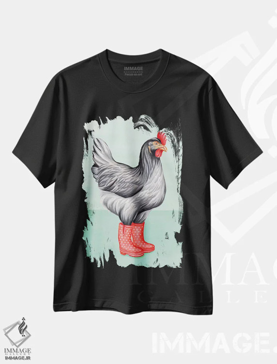 تیشرت مشکی طرح دار مرغ با چکمه بارانی، تزئینی اثر آملی لگو | immage.ir