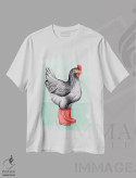تیشرت سفید طرح دار مرغ با چکمه بارانی، تزئینی اثر آملی لگو | فروشگاه ایماژ