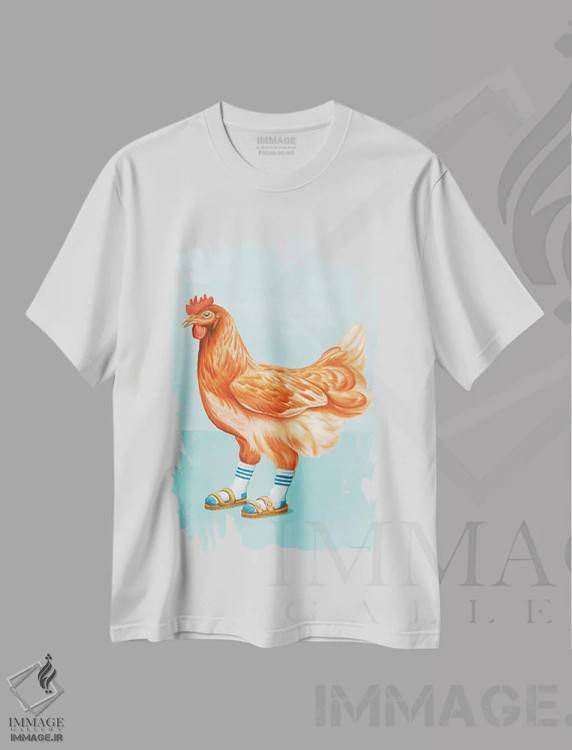 تیشرت سفید طرح دار مرغ با صندل، تزئینی اثر آملی لگو | immage.ir