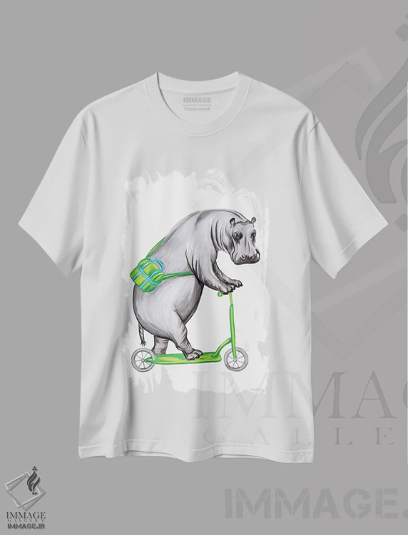 تیشرت سفید طرح دار اسب آبی روی دوچرخه، تزئینی اثر آملی لگو | فروشگاه ایماژ