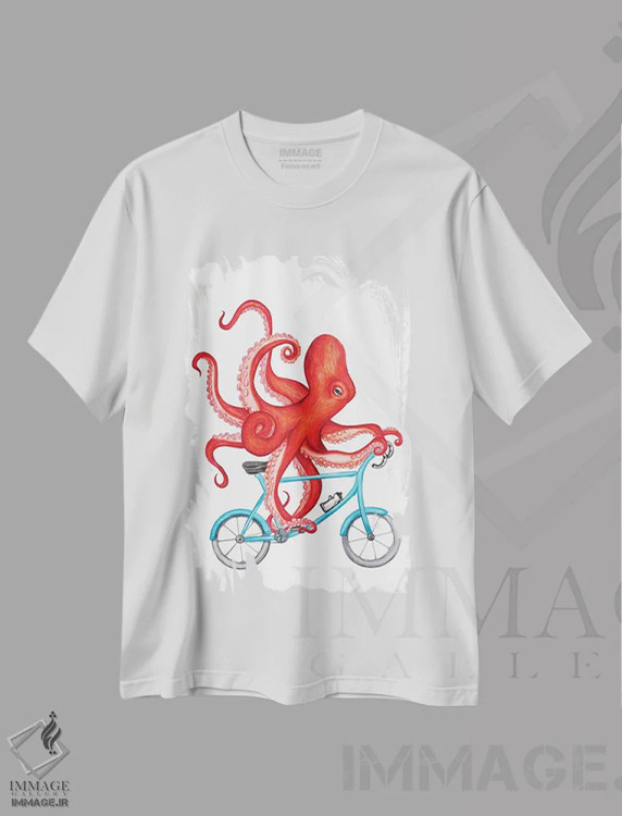 تیشرت سفید طرح دار هشت پا روی دوچرخه، تزئینی اثر آملی لگو | فروشگاه ایماژ