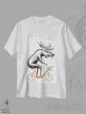 تیشرت سفید طرح دار گوزن شمالی روی دوچرخه، تزئینی اثر آملی لگو | immage.ir