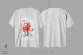 تیشرت سفید طرح دار هشت پا روی دوچرخه، تزئینی اثر آملی لگو | فروشگاه ایماژ