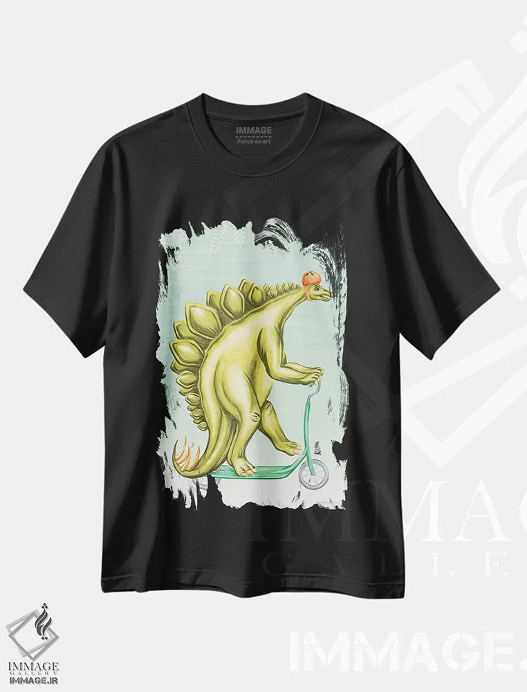 تیشرت مشکی طرح دار اِستگوسور روی اسکوتر، تزئینی اثر آملی لگو | فروشگاه ایماژ
