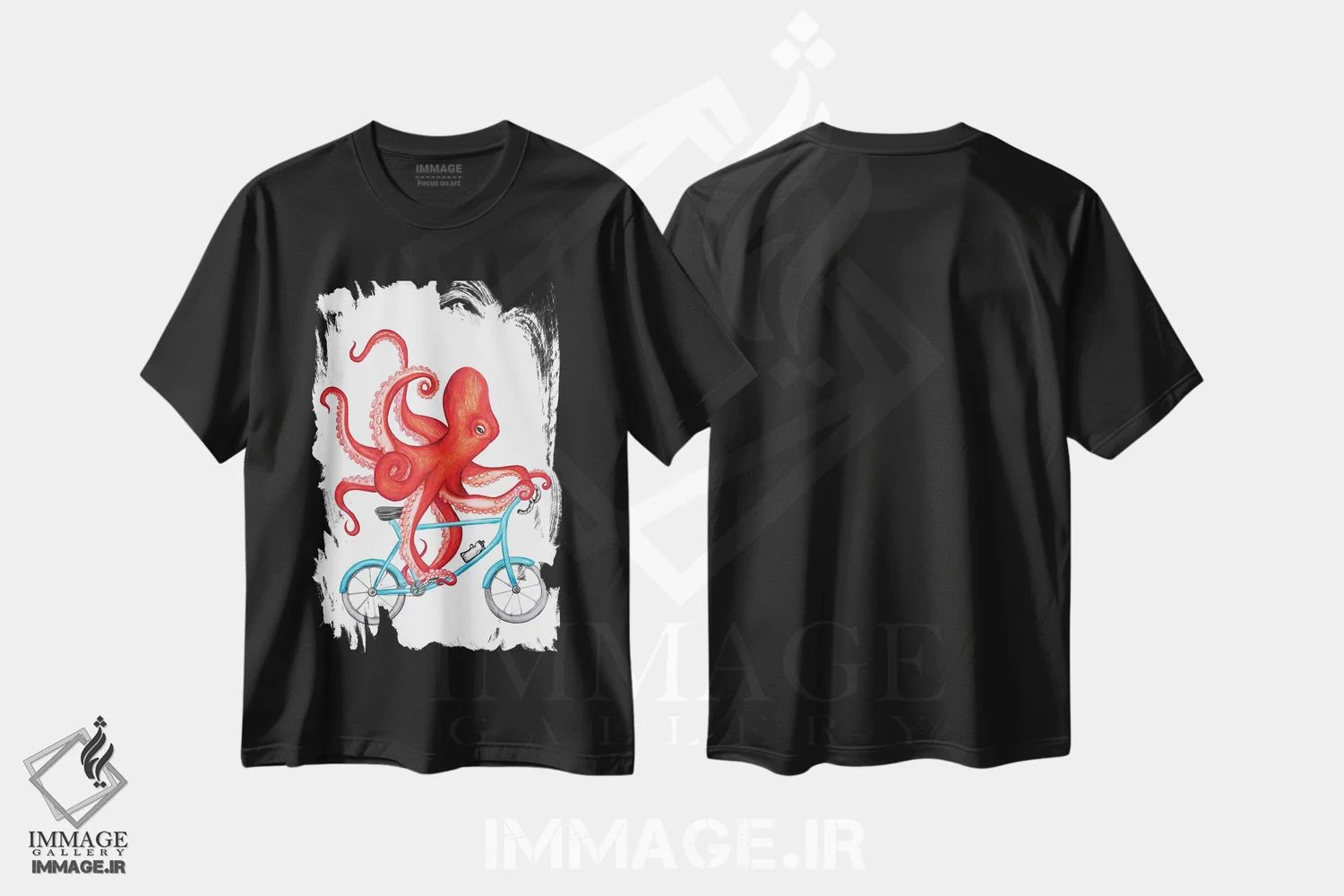 تیشرت مشکی طرح دار هشت پا روی دوچرخه، تزئینی اثر آملی لگو | immage.ir