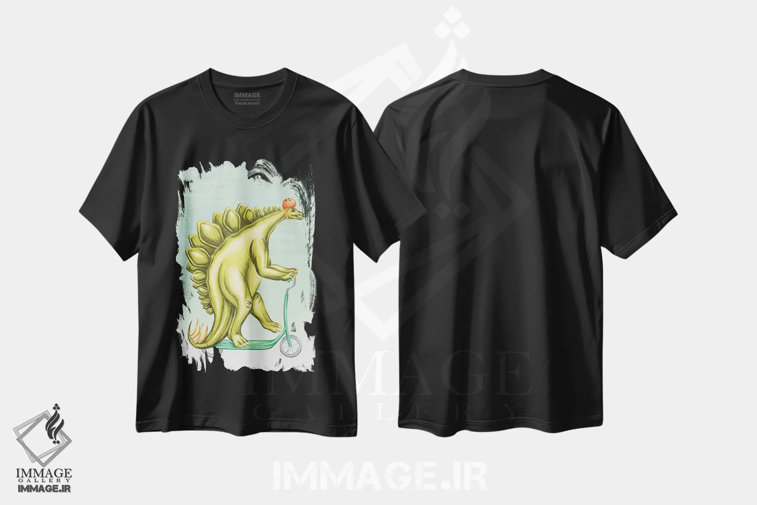 تیشرت مشکی طرح دار اِستگوسور روی اسکوتر، تزئینی اثر آملی لگو | فروشگاه ایماژ
