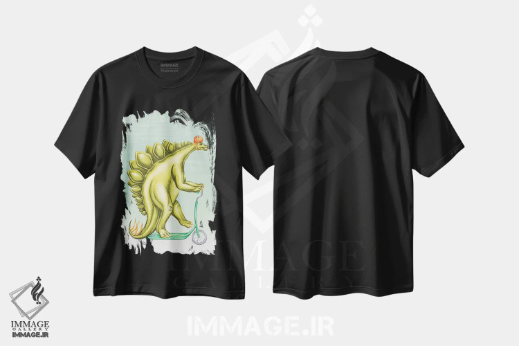 تیشرت مشکی طرح دار اِستگوسور روی اسکوتر، تزئینی اثر آملی لگو | فروشگاه ایماژ