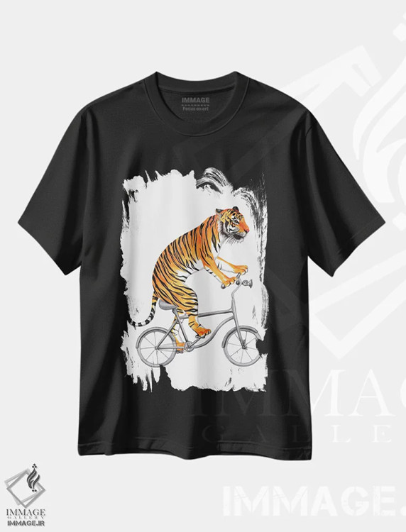 تیشرت مشکی طرح دار ببر روی دوچرخه، تزئینی اثر آملی لگو | immage.ir