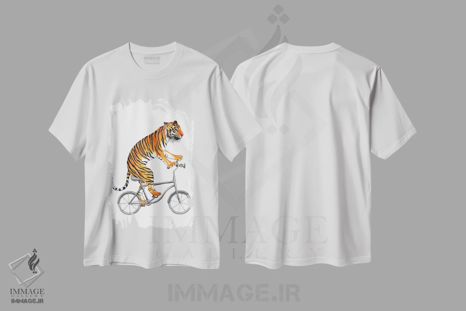 تیشرت سفید طرح دار ببر روی دوچرخه، تزئینی اثر آملی لگو | فروشگاه ایماژ
