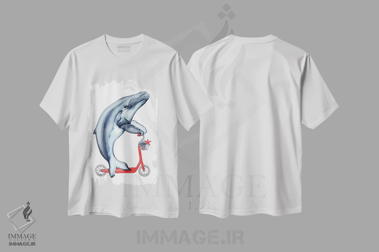 تیشرت سفید طرح دار نهنگ دوچرخه سوار، تزئینی اثر آملی لگو | immage.ir