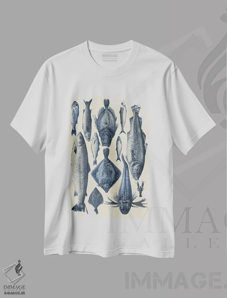 تیشرت سفید طرح دار نمودار ماهی آبی ۱، تزئینی اثر آلیشیا لانگلی | فروشگاه ایماژ