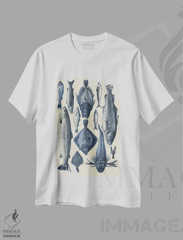 تیشرت سفید طرح دار نمودار ماهی آبی ۱، تزئینی اثر آلیشیا لانگلی | فروشگاه ایماژ