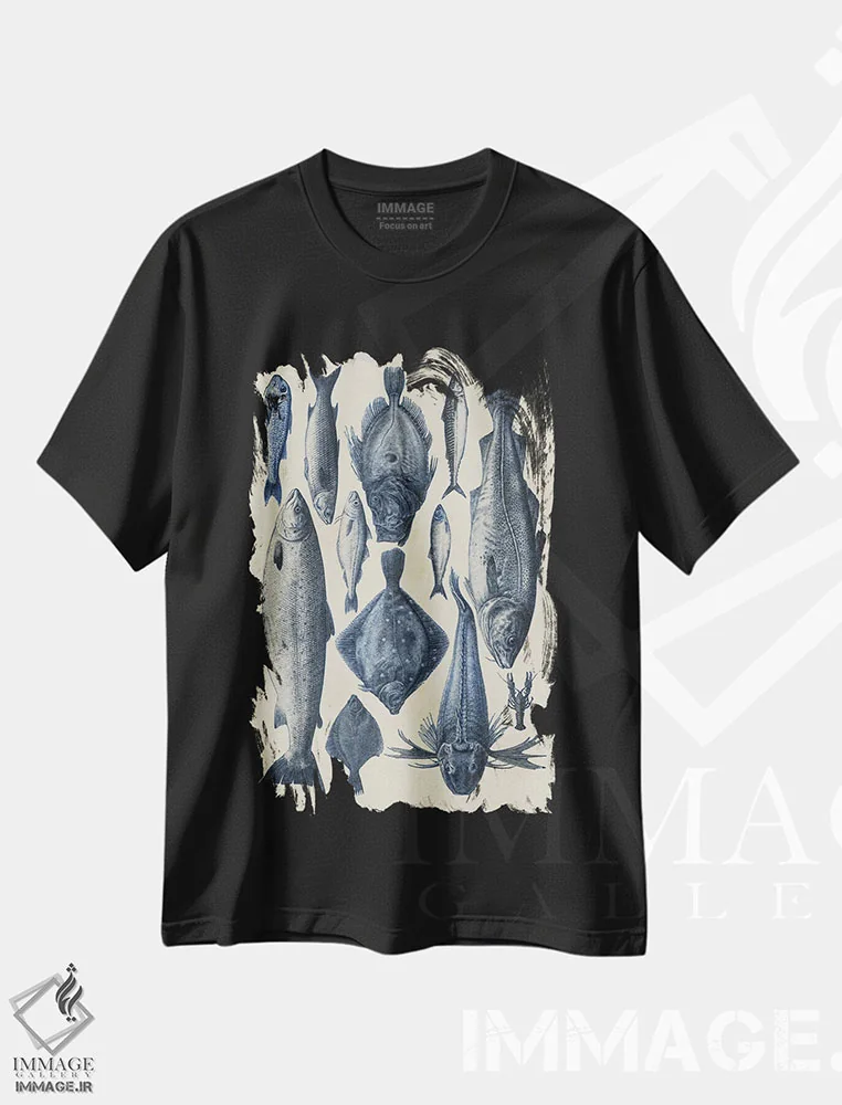 تیشرت مشکی طرح دار نمودار ماهی آبی ۱، تزئینی اثر آلیشیا لانگلی | immage.ir