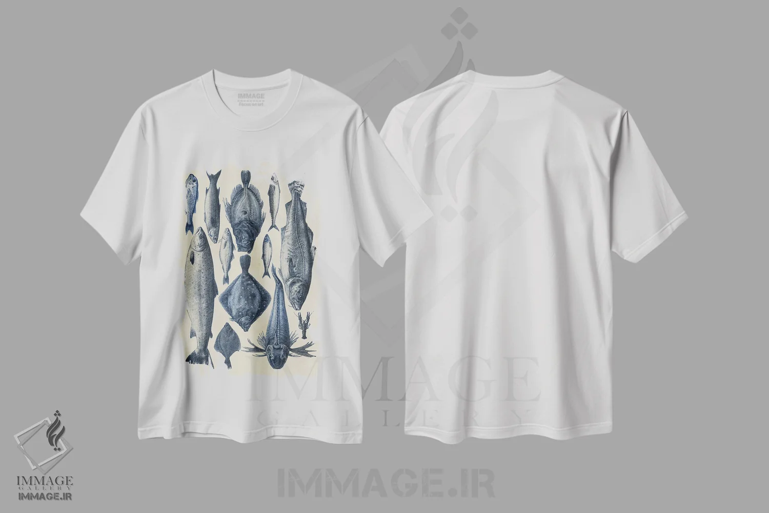 تیشرت سفید طرح دار نمودار ماهی آبی ۱، تزئینی اثر آلیشیا لانگلی | فروشگاه ایماژ