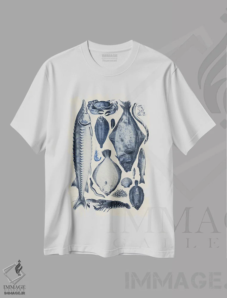 تیشرت سفید طرح دار نمودار ماهی آبی ۲، تزئینی اثر آلیشیا لانگلی | immage.ir