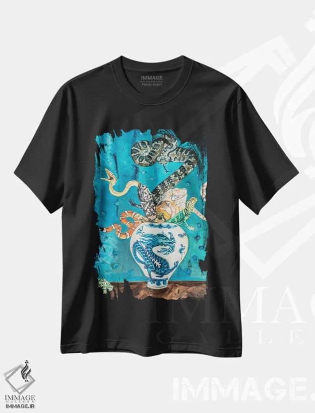 تیشرت مشکی طرح دار طبیعت بی جان خزندگان، مدیوم اثر لیزا گلدفارب | فروشگاه ایماژ
