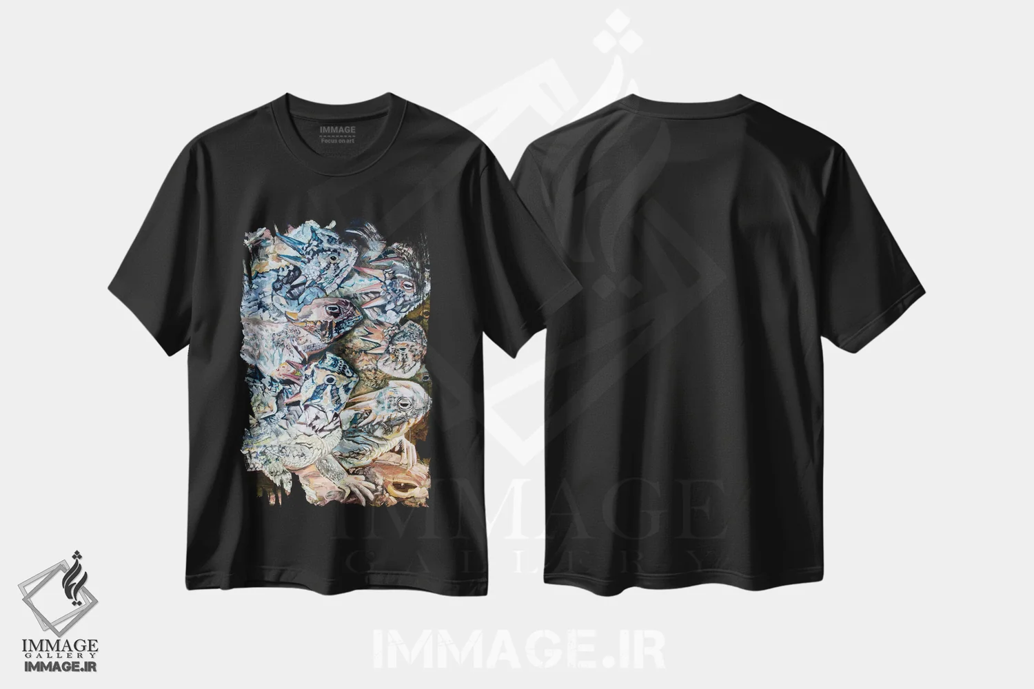 تیشرت مشکی طرح دار تهاجم مارمولک های شاخدار، مدیوم اثر لیزا گلدفارب | immage.ir