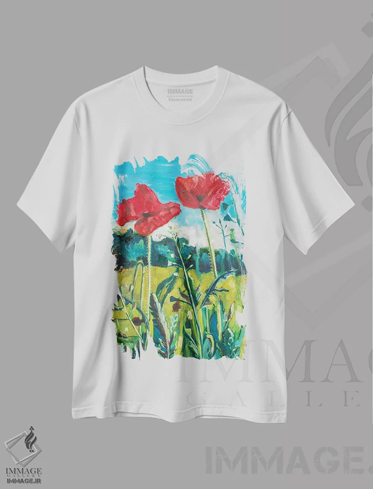 تیشرت سفید طرح دار شقایق ها در آلمان، مدیوم اثر لیزا گلدفارب | فروشگاه ایماژ