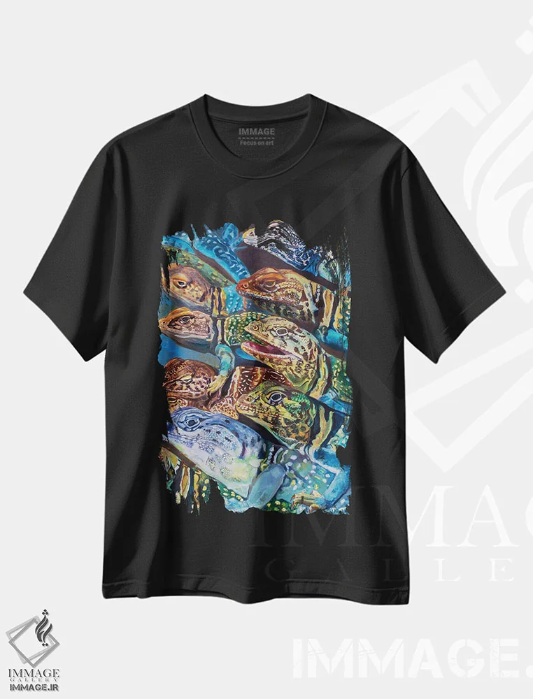 تیشرت مشکی طرح دار گروه مارمولک های یقه دار، مدیوم اثر لیزا گلدفارب | immage.ir