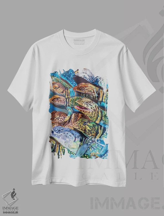 تیشرت سفید طرح دار گروه مارمولک های یقه دار، مدیوم اثر لیزا گلدفارب | فروشگاه ایماژ