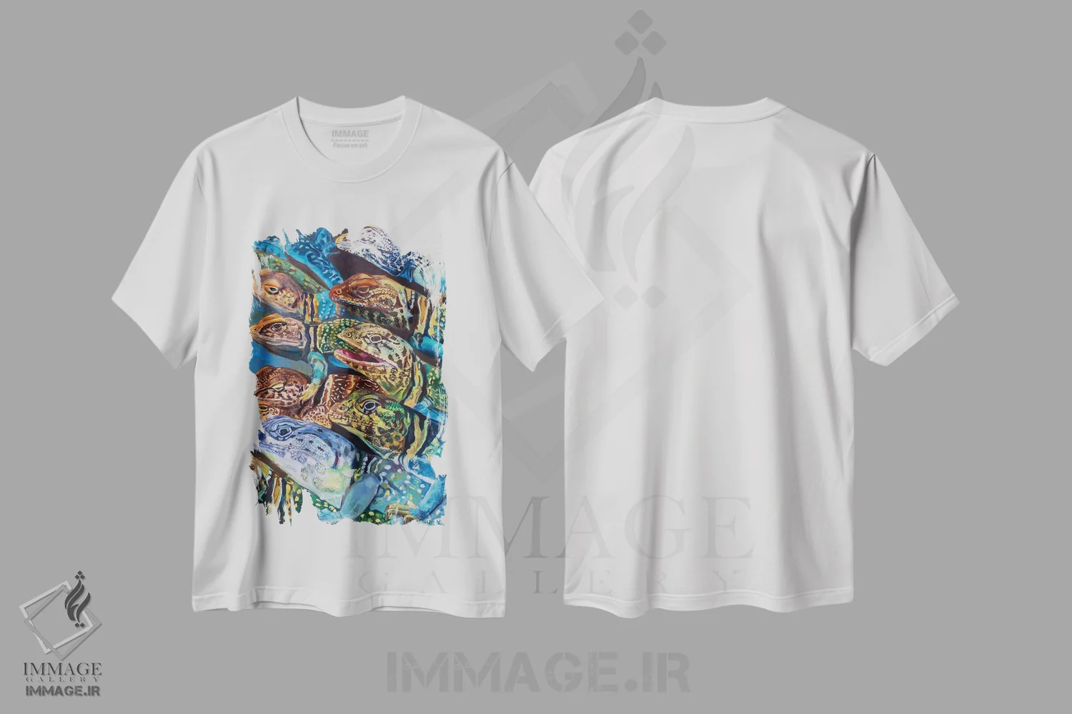 تیشرت سفید طرح دار گروه مارمولک های یقه دار، مدیوم اثر لیزا گلدفارب | فروشگاه ایماژ