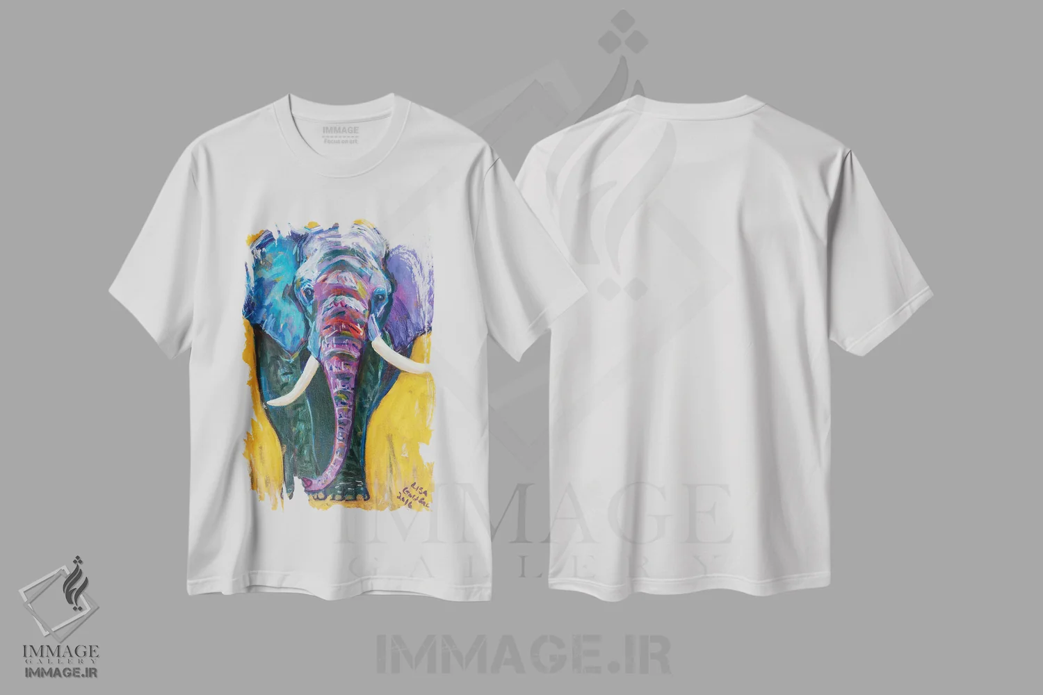 تیشرت سفید طرح دار طلای فیل، مدیوم اثر لیزا گلدفارب | immage.ir