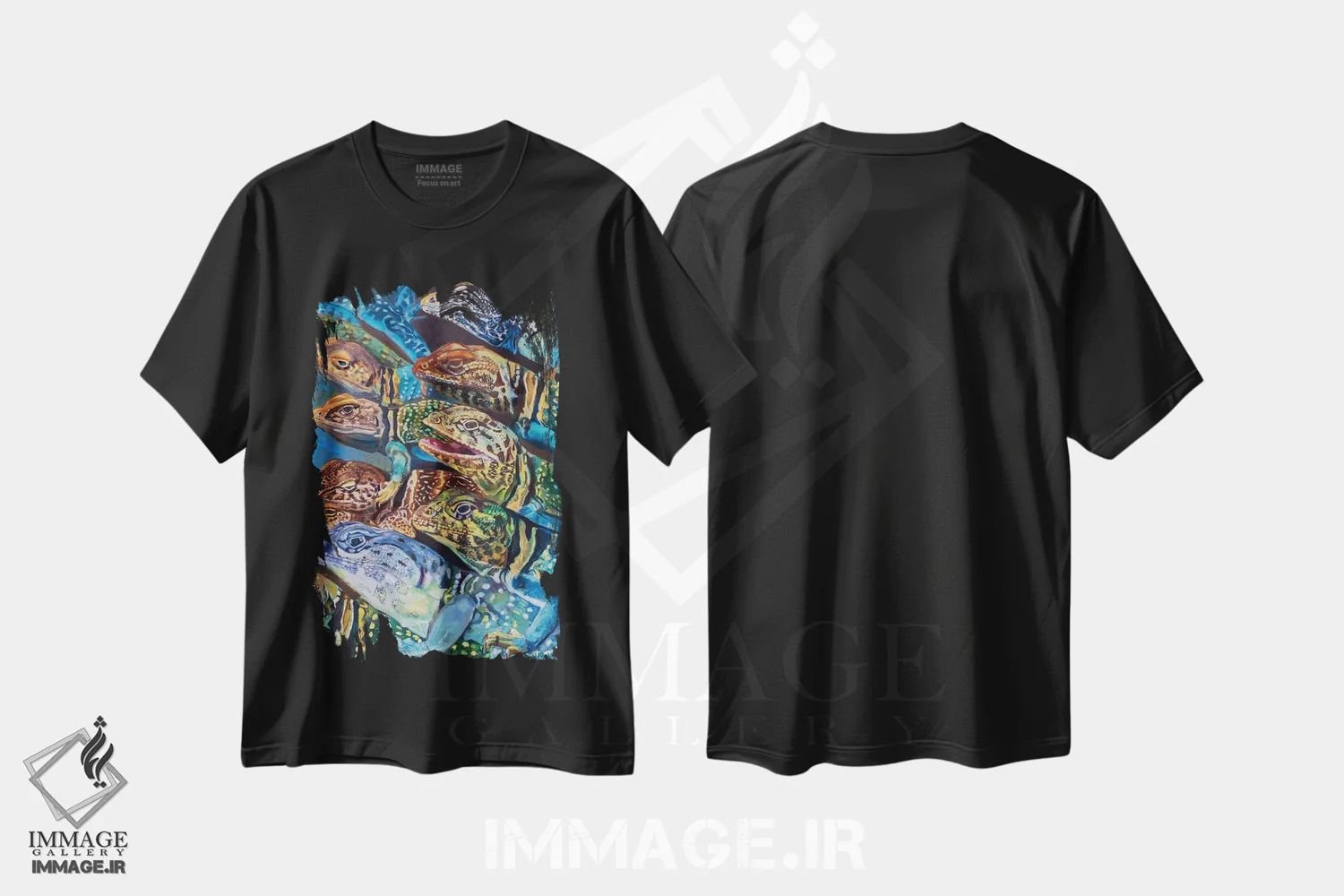 تیشرت مشکی طرح دار گروه مارمولک های یقه دار، مدیوم اثر لیزا گلدفارب | immage.ir