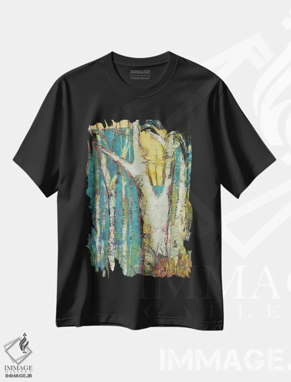 تیشرت مشکی طرح دار در میان درختان آسپن، آبستره اثر لوری هاف | فروشگاه ایماژ