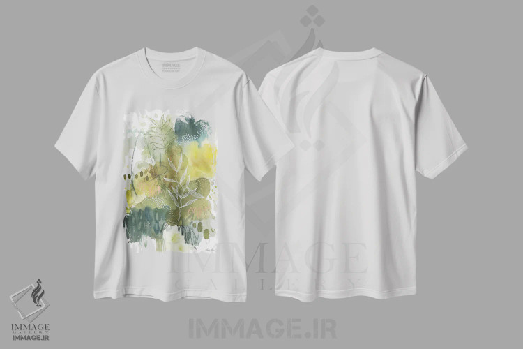 تیشرت سفید طرح دار طلای طبیعت II، آبستره اثر لورا هورن | فروشگاه ایماژ