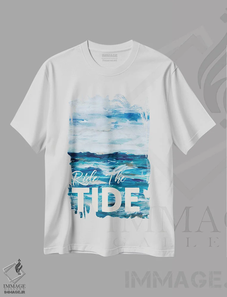 تیشرت سفید طرح دار سوارِ موج شدن، دکور ساحلی اثر ال. هیویت | فروشگاه ایماژ